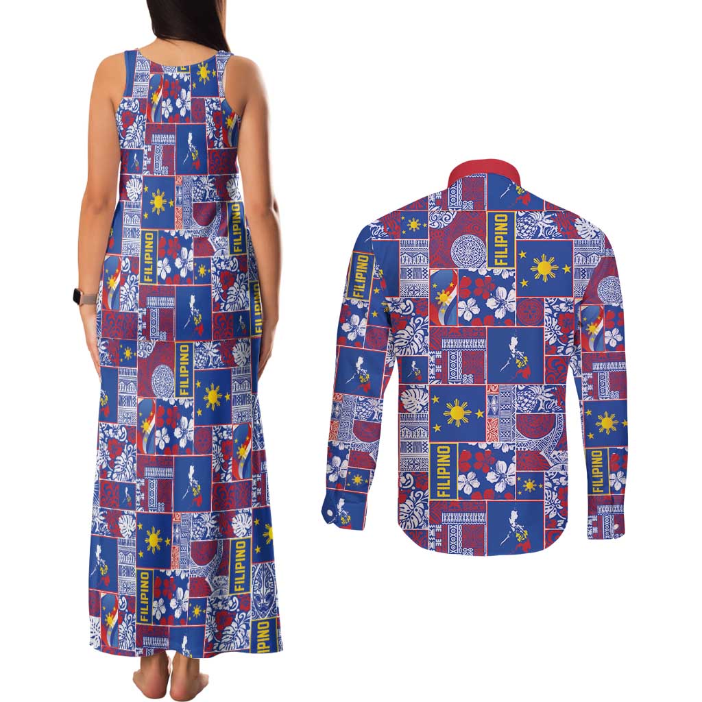 Filipino Maligayang Pasko Couples Matching Tank Maxi Dress and Long Sleeve Button Shirt Pacific Patchwork Xmas Vibes - Polynesian Pride