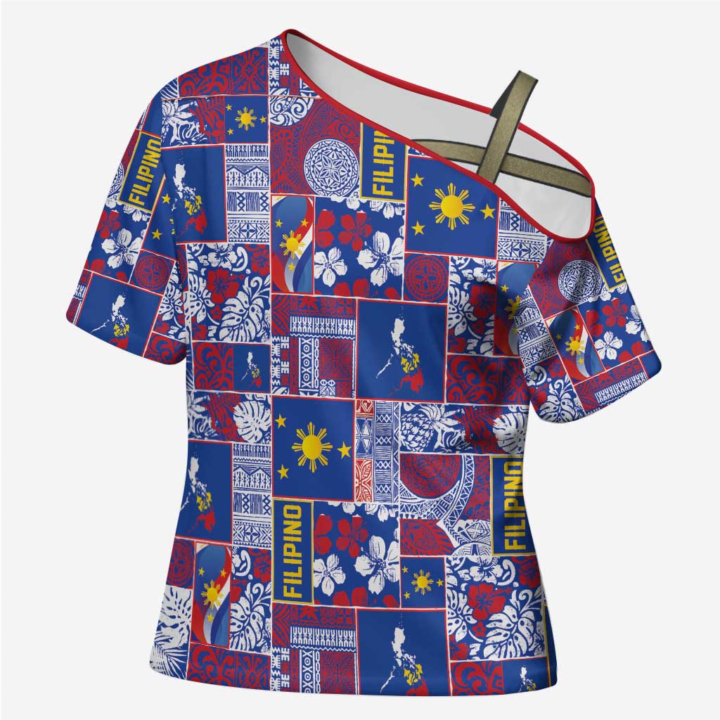 Filipino Maligayang Pasko Cross Shoulder Shirt Pacific Patchwork Xmas Vibes - Polynesian Pride