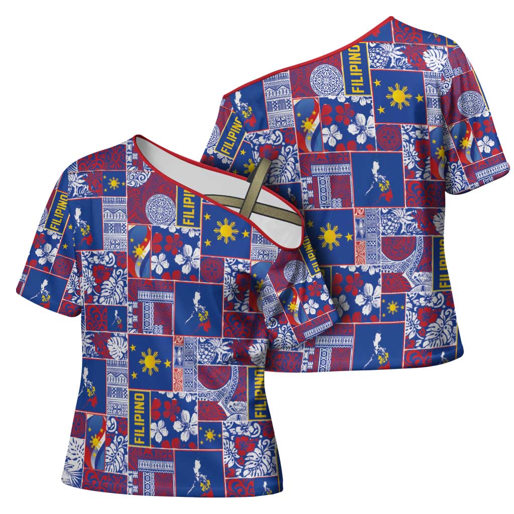 Filipino Maligayang Pasko Cross Shoulder Shirt Pacific Patchwork Xmas Vibes - Polynesian Pride