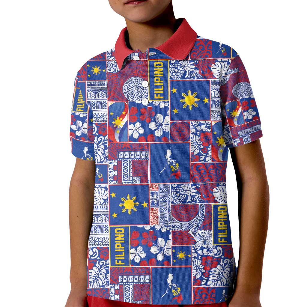 Filipino Maligayang Pasko Kid Polo Shirt Pacific Patchwork Xmas Vibes - Polynesian Pride