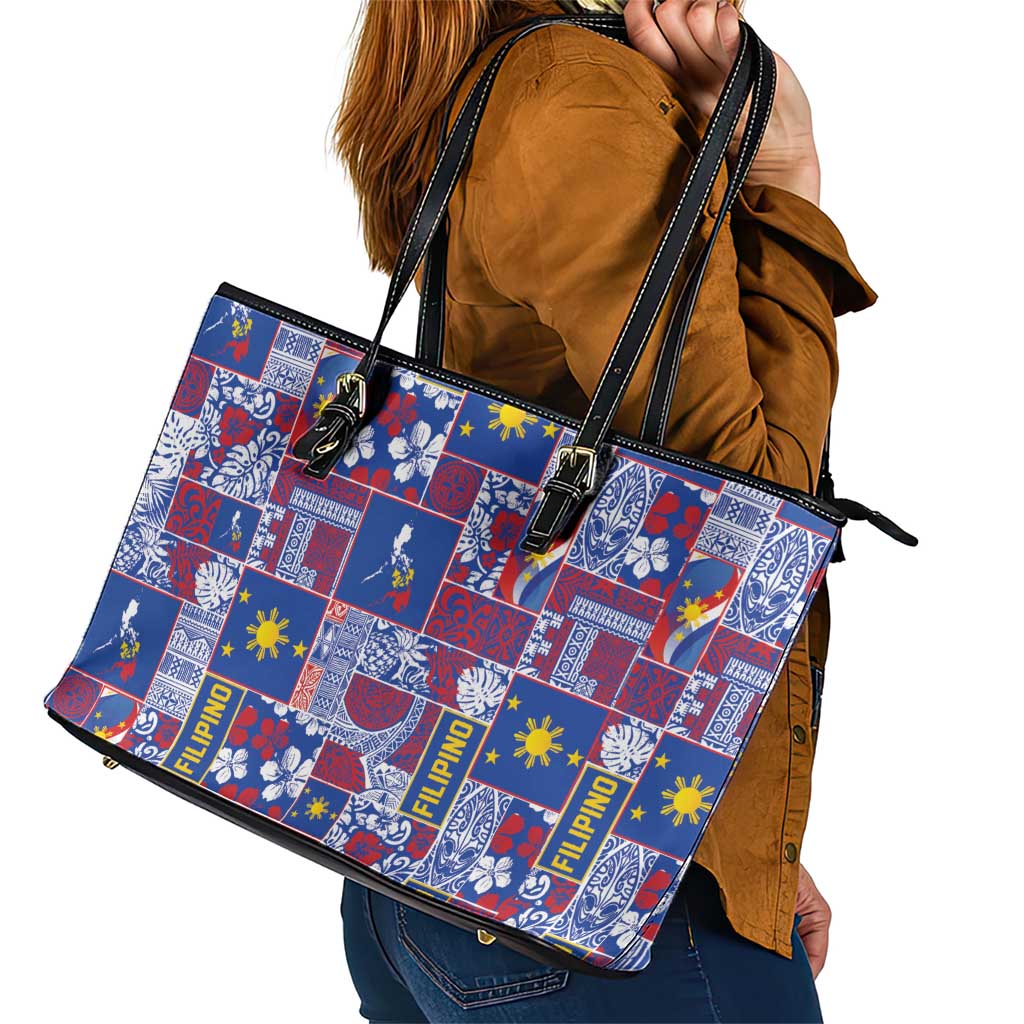 Filipino Maligayang Pasko Leather Tote Bag Pacific Patchwork Xmas Vibes - Polynesian Pride