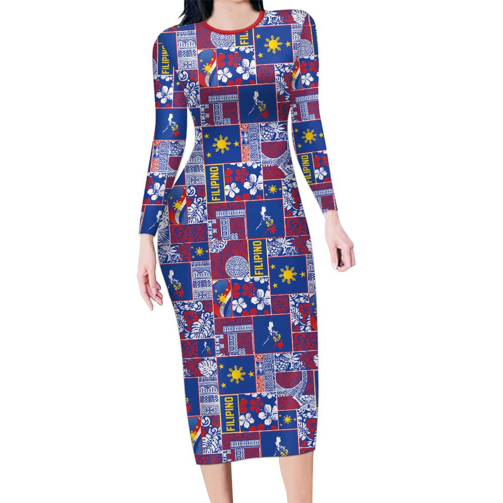 Filipino Maligayang Pasko Long Sleeve Bodycon Dress Pacific Patchwork Xmas Vibes - Polynesian Pride