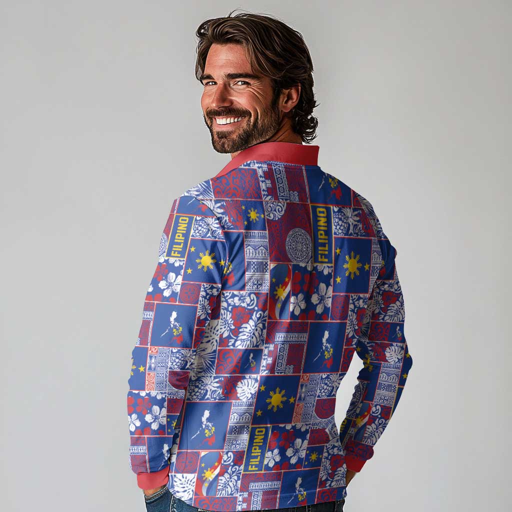 Filipino Maligayang Pasko Long Sleeve Polo Shirt Pacific Patchwork Xmas Vibes - Polynesian Pride
