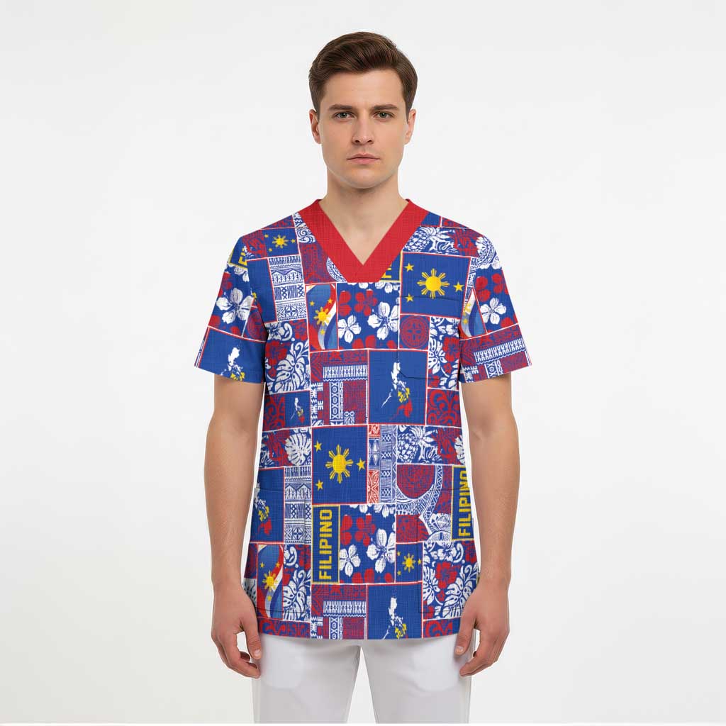 Filipino Maligayang Pasko Scrub Top Pacific Patchwork Xmas Vibes - Polynesian Pride
