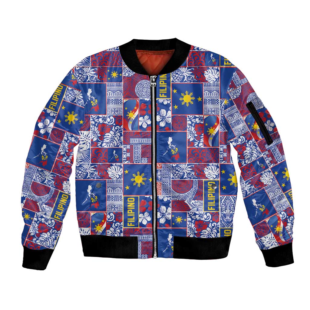Filipino Maligayang Pasko Sleeve Zip Bomber Jacket Pacific Patchwork Xmas Vibes - Polynesian Pride