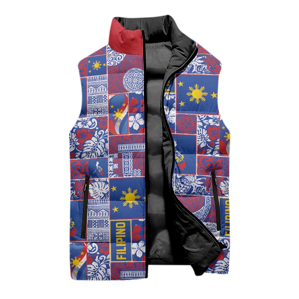 Filipino Maligayang Pasko Sleeveless Puffer Jacket Pacific Patchwork Xmas Vibes - Polynesian Pride