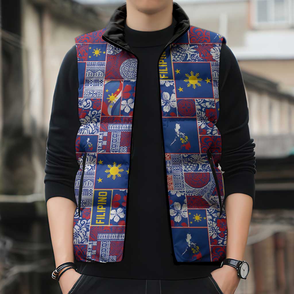 Filipino Maligayang Pasko Sleeveless Puffer Jacket Pacific Patchwork Xmas Vibes - Polynesian Pride