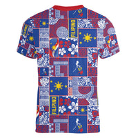 Filipino Maligayang Pasko Women V-Neck T-Shirt Pacific Patchwork Xmas Vibes - Polynesian Pride