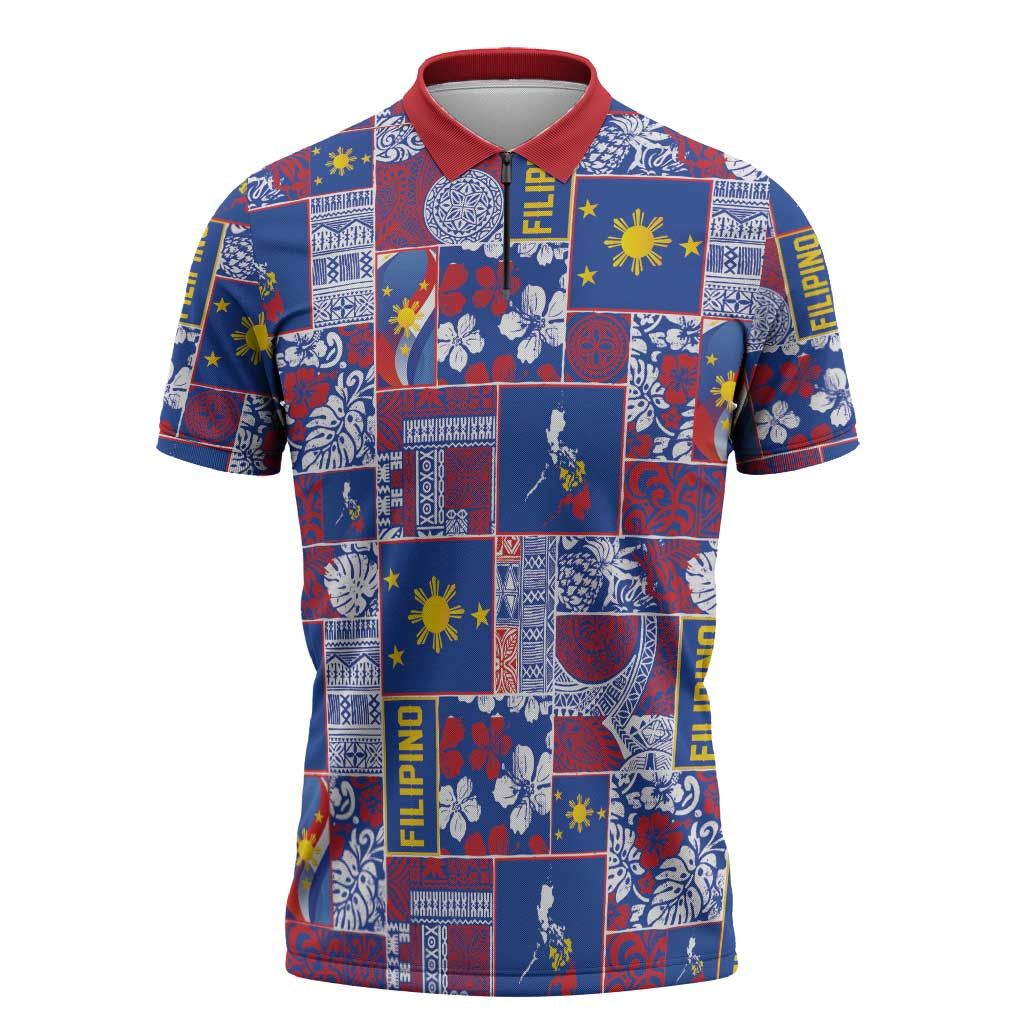 Filipino Maligayang Pasko Zipper Polo Shirt Pacific Patchwork Xmas Vibes - Polynesian Pride