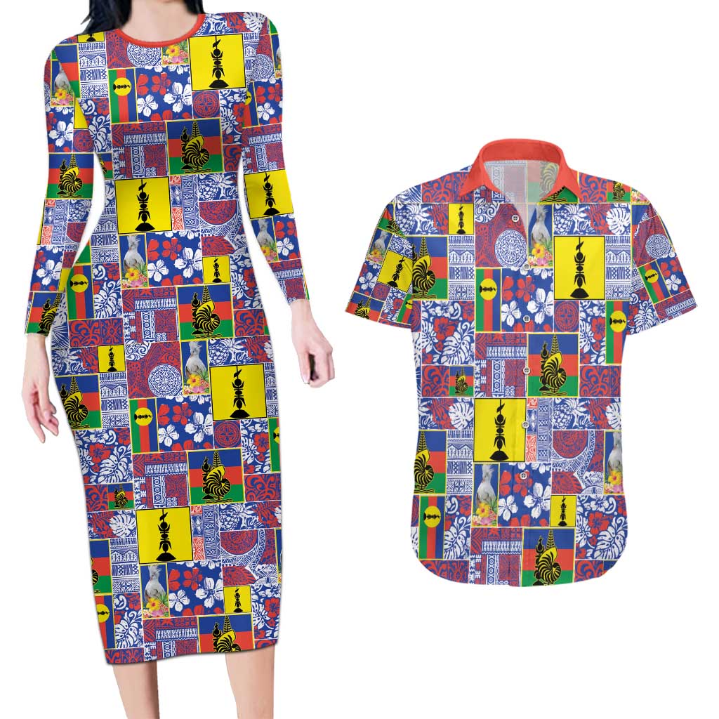 New Caledonia Joyeux Noel Couples Matching Long Sleeve Bodycon Dress and Hawaiian Shirt Pacific Patchwork Xmas Vibes - Polynesian Pride