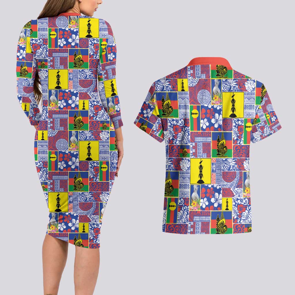 New Caledonia Joyeux Noel Couples Matching Long Sleeve Bodycon Dress and Hawaiian Shirt Pacific Patchwork Xmas Vibes - Polynesian Pride