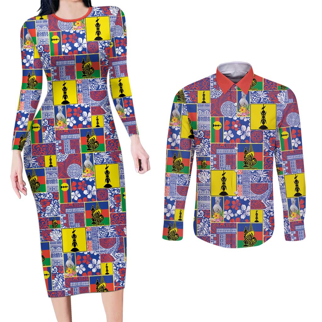 New Caledonia Joyeux Noel Couples Matching Long Sleeve Bodycon Dress and Long Sleeve Button Shirt Pacific Patchwork Xmas Vibes - Polynesian Pride