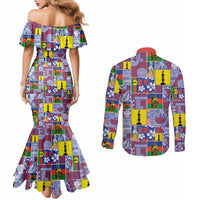 New Caledonia Joyeux Noel Couples Matching Mermaid Dress and Long Sleeve Button Shirt Pacific Patchwork Xmas Vibes - Polynesian Pride