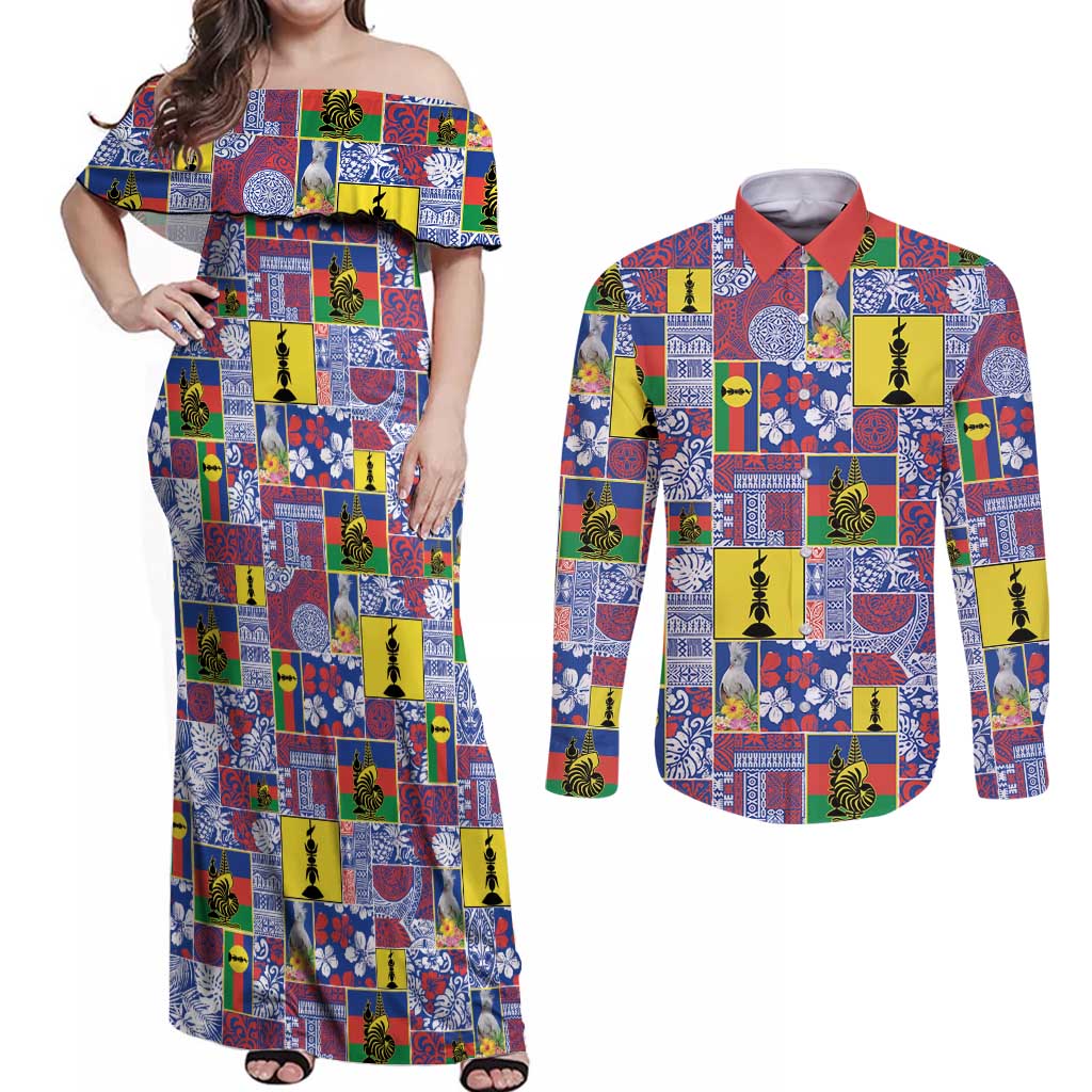 New Caledonia Joyeux Noel Couples Matching Off Shoulder Maxi Dress and Long Sleeve Button Shirt Pacific Patchwork Xmas Vibes - Polynesian Pride
