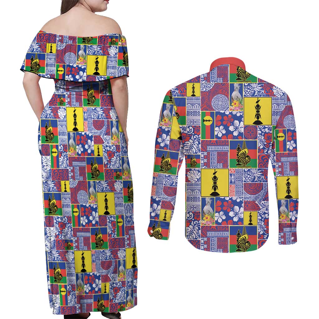 New Caledonia Joyeux Noel Couples Matching Off Shoulder Maxi Dress and Long Sleeve Button Shirt Pacific Patchwork Xmas Vibes - Polynesian Pride