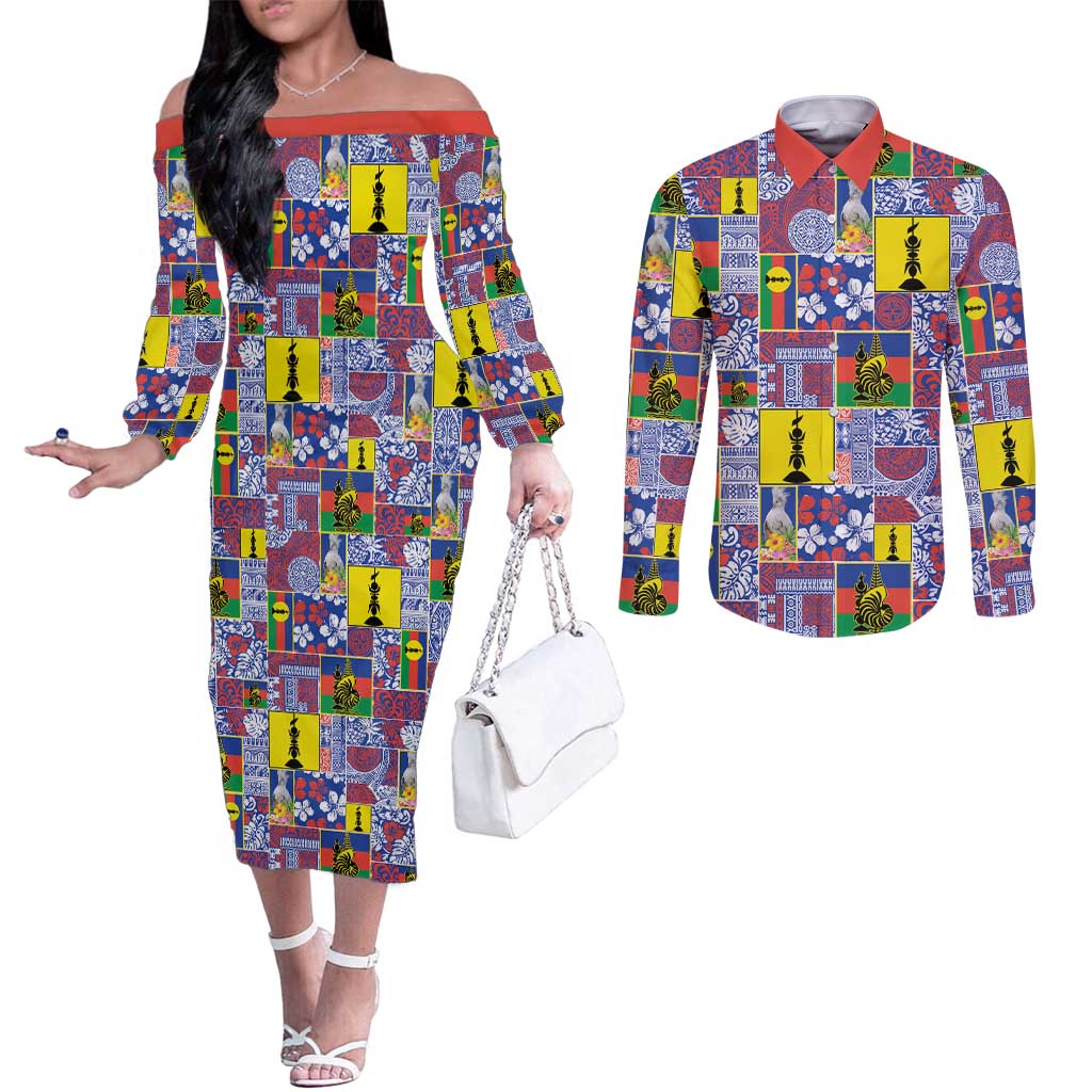 New Caledonia Joyeux Noel Couples Matching Off The Shoulder Long Sleeve Dress and Long Sleeve Button Shirt Pacific Patchwork Xmas Vibes - Polynesian Pride