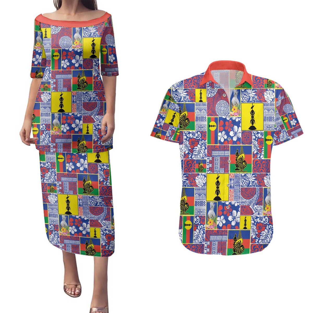 New Caledonia Joyeux Noel Couples Matching Puletasi and Hawaiian Shirt Pacific Patchwork Xmas Vibes - Polynesian Pride