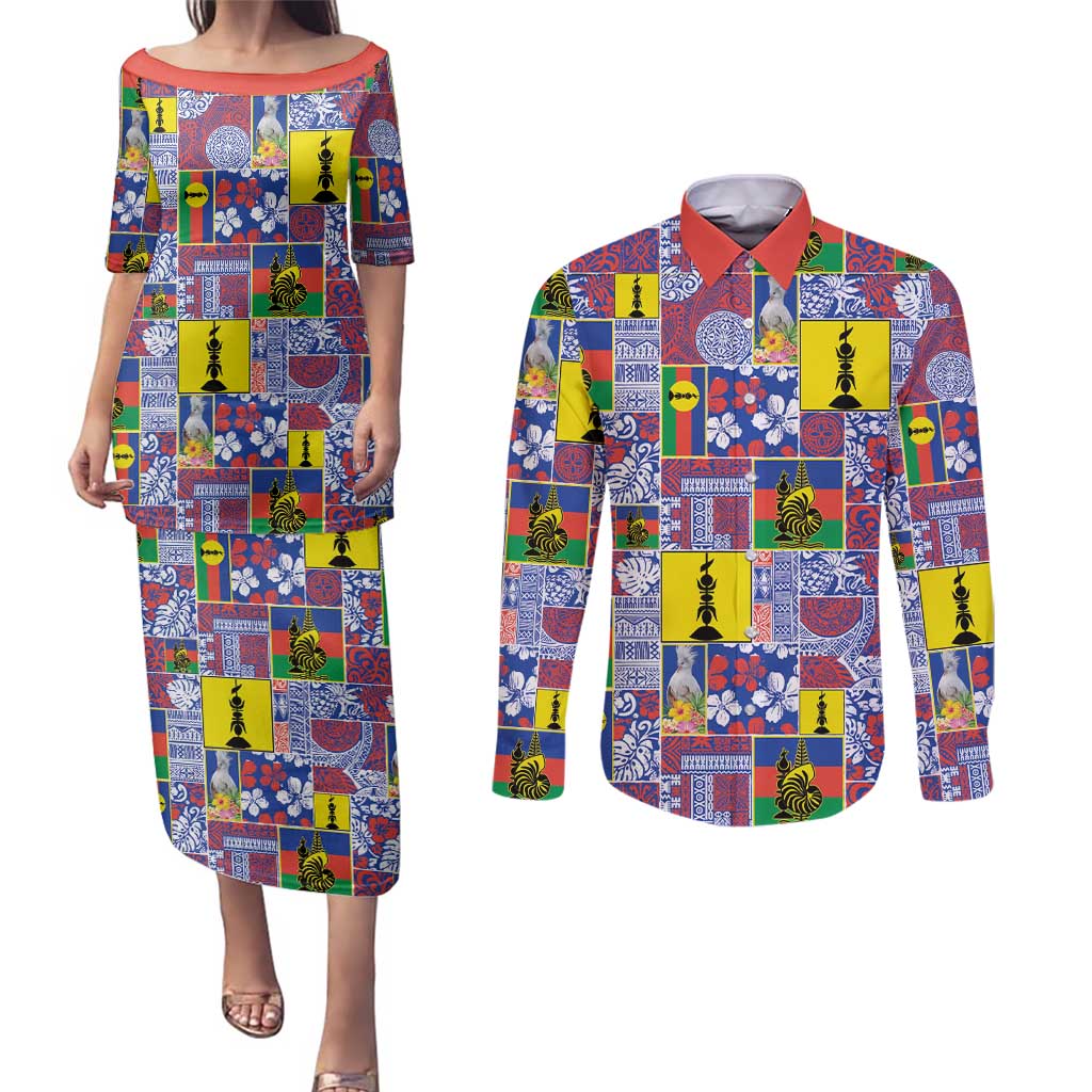 New Caledonia Joyeux Noel Couples Matching Puletasi and Long Sleeve Button Shirt Pacific Patchwork Xmas Vibes - Polynesian Pride