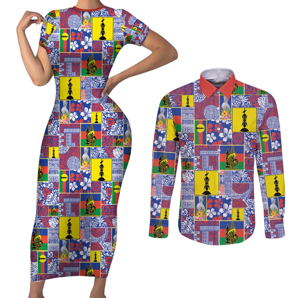 New Caledonia Joyeux Noel Couples Matching Short Sleeve Bodycon Dress and Long Sleeve Button Shirt Pacific Patchwork Xmas Vibes - Polynesian Pride