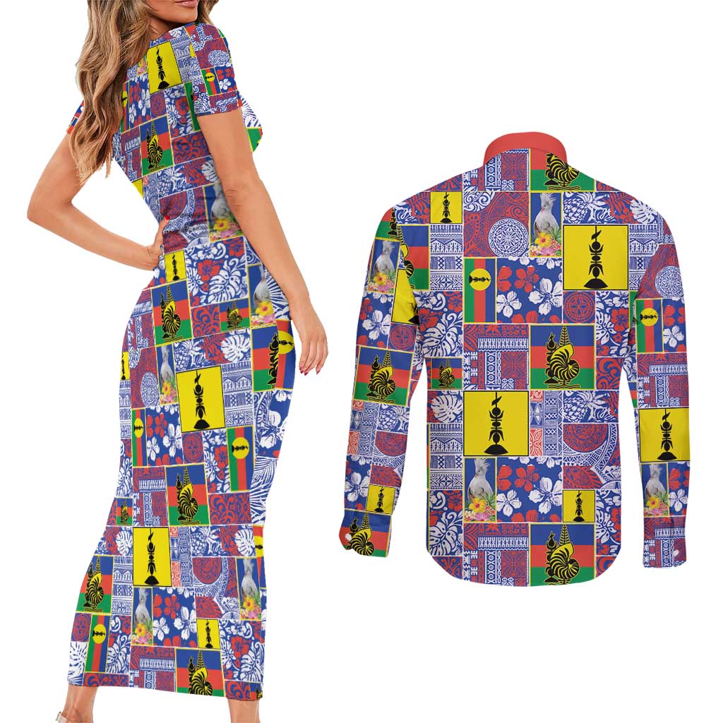 New Caledonia Joyeux Noel Couples Matching Short Sleeve Bodycon Dress and Long Sleeve Button Shirt Pacific Patchwork Xmas Vibes - Polynesian Pride
