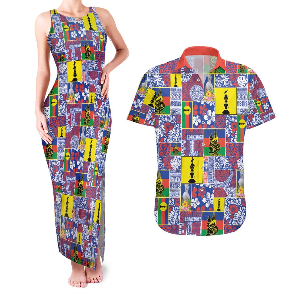 New Caledonia Joyeux Noel Couples Matching Tank Maxi Dress and Hawaiian Shirt Pacific Patchwork Xmas Vibes - Polynesian Pride