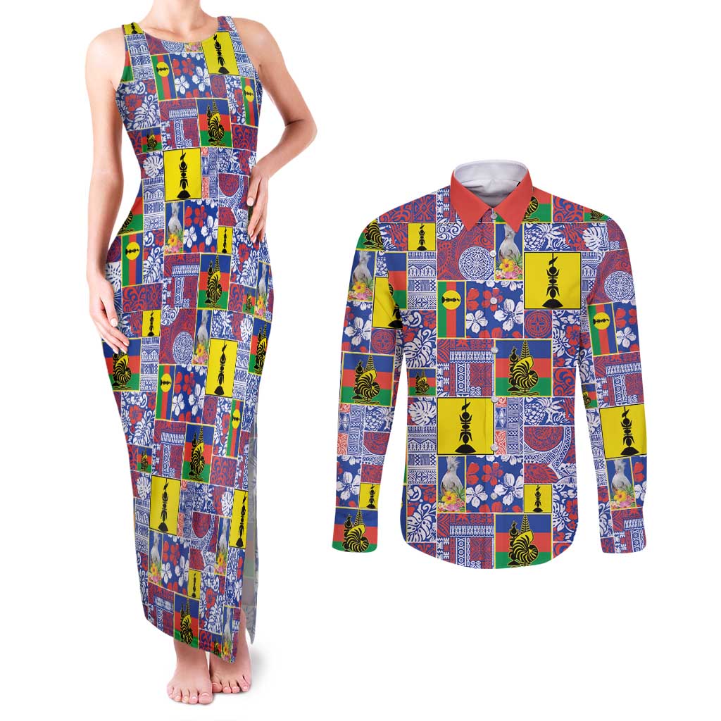 New Caledonia Joyeux Noel Couples Matching Tank Maxi Dress and Long Sleeve Button Shirt Pacific Patchwork Xmas Vibes - Polynesian Pride