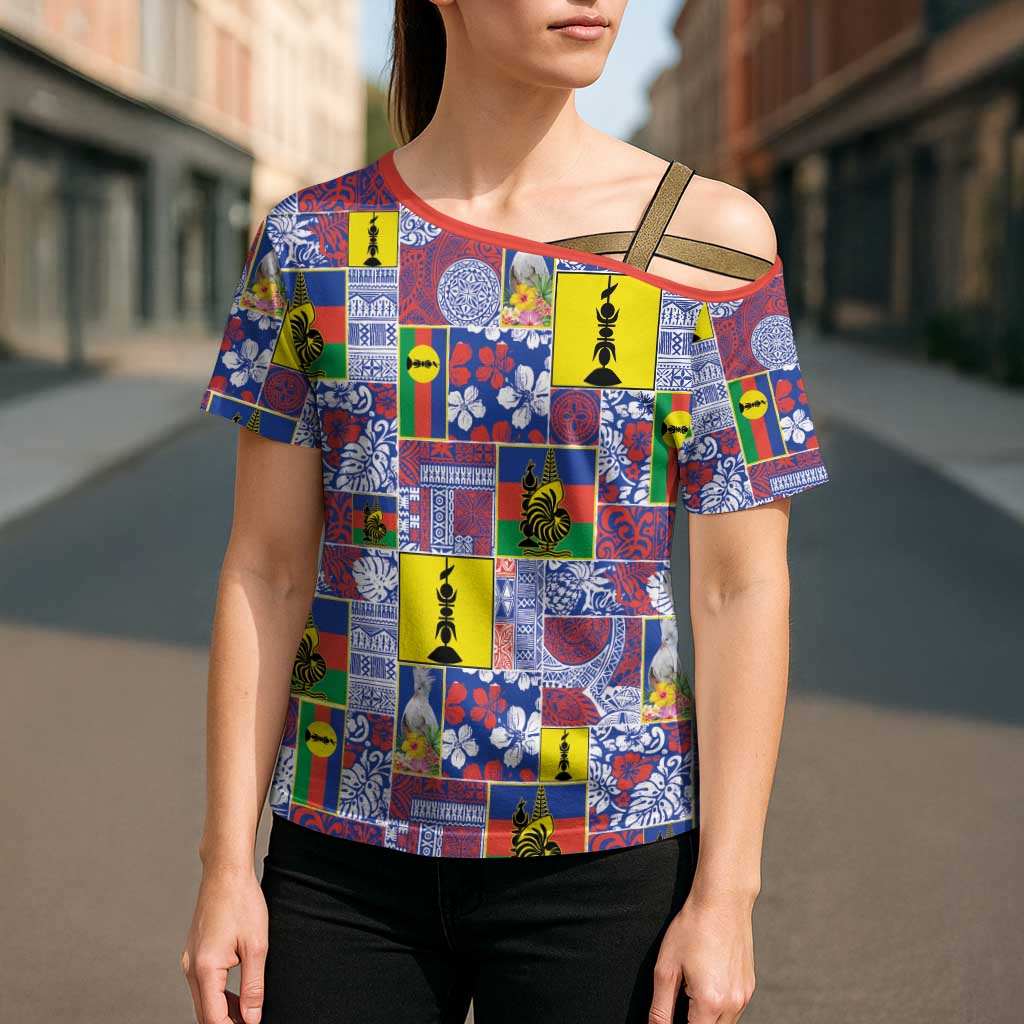New Caledonia Joyeux Noel Cross Shoulder Shirt Pacific Patchwork Xmas Vibes - Polynesian Pride