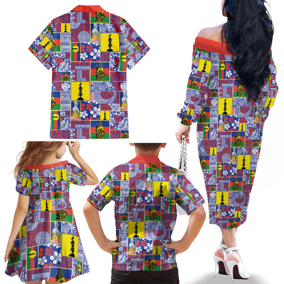 New Caledonia Joyeux Noel Family Matching Off The Shoulder Long Sleeve Dress and Hawaiian Shirt Pacific Patchwork Xmas Vibes - Polynesian Pride