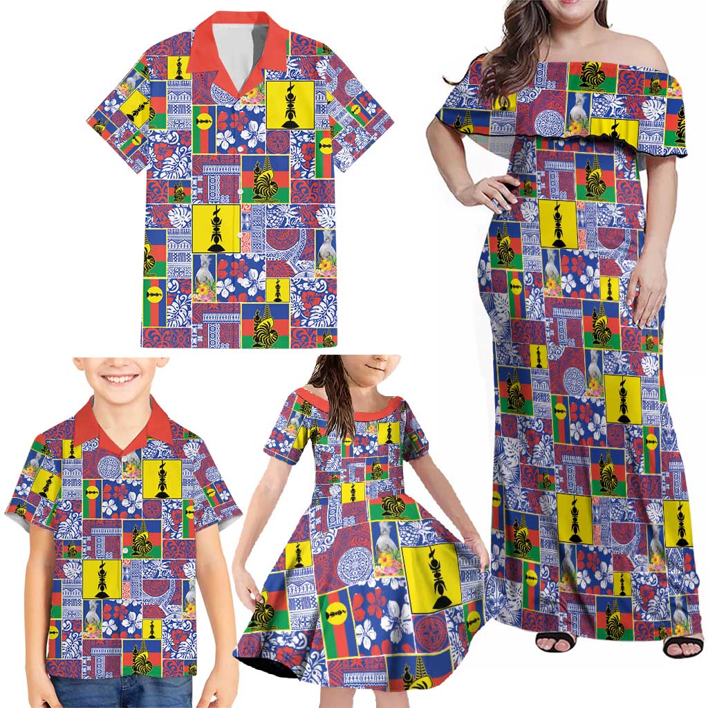 New Caledonia Joyeux Noel Family Matching Off Shoulder Maxi Dress and Hawaiian Shirt Pacific Patchwork Xmas Vibes - Polynesian Pride