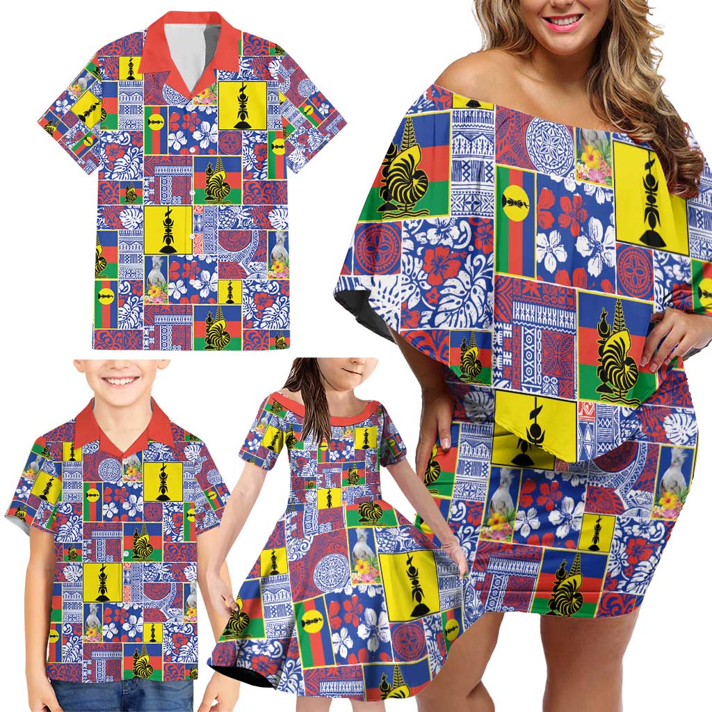 New Caledonia Joyeux Noel Family Matching Off Shoulder Short Dress and Hawaiian Shirt Pacific Patchwork Xmas Vibes - Polynesian Pride