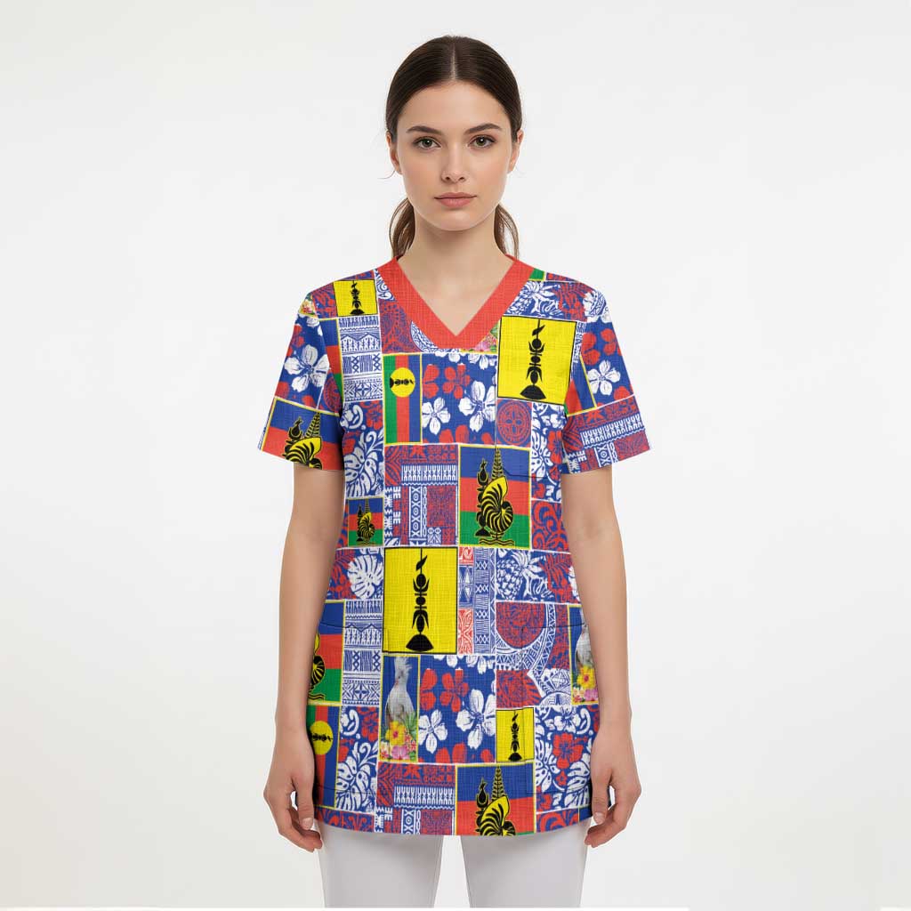 New Caledonia Joyeux Noel Scrub Top Pacific Patchwork Xmas Vibes - Polynesian Pride