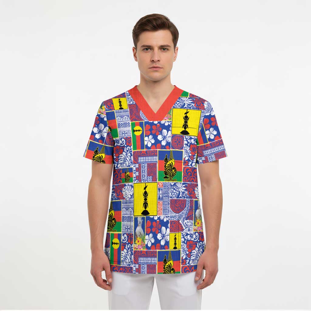 New Caledonia Joyeux Noel Scrub Top Pacific Patchwork Xmas Vibes - Polynesian Pride