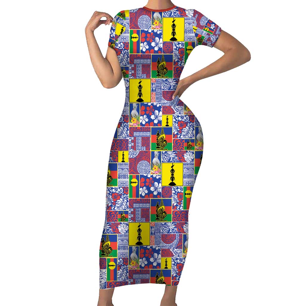 New Caledonia Joyeux Noel Short Sleeve Bodycon Dress Pacific Patchwork Xmas Vibes - Polynesian Pride