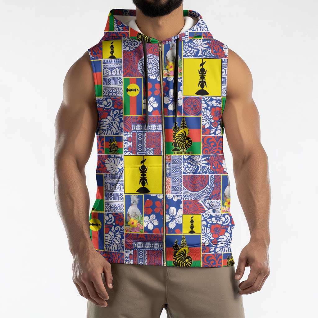 New Caledonia Joyeux Noel Sleeveless Zip Hoodie Pacific Patchwork Xmas Vibes - Polynesian Pride