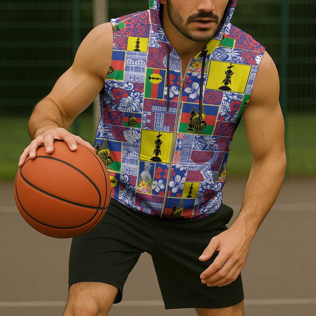 New Caledonia Joyeux Noel Sleeveless Zip Hoodie Pacific Patchwork Xmas Vibes - Polynesian Pride