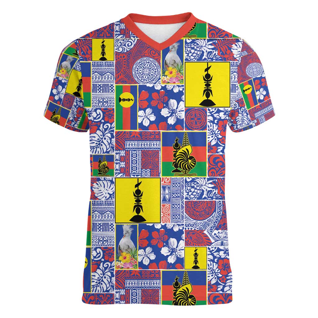 New Caledonia Joyeux Noel Women V-Neck T-Shirt Pacific Patchwork Xmas Vibes - Polynesian Pride