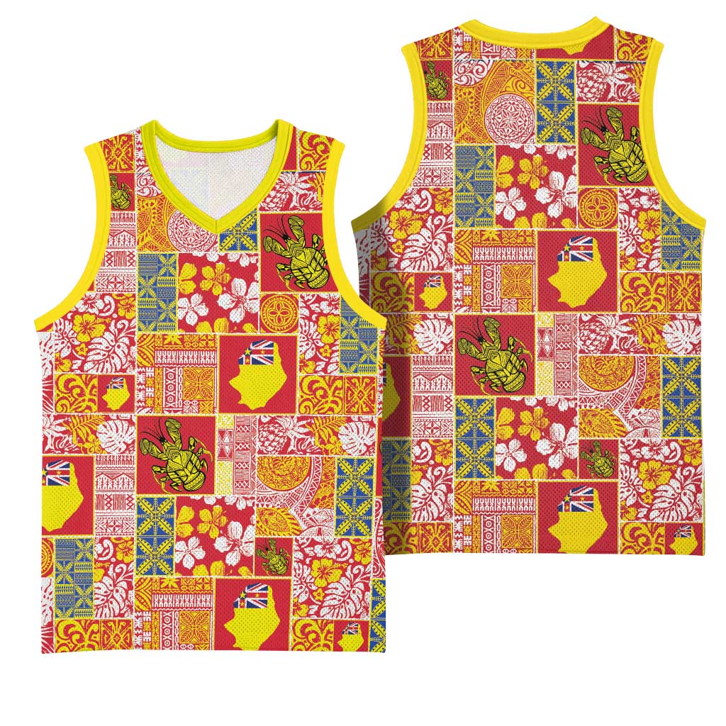 Niue Monuina e Kilisimasi Basketball Jersey Pacific Patchwork Xmas Vibes - Polynesian Pride