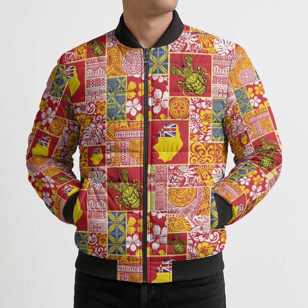 Niue Monuina e Kilisimasi Bomber Puffer Jacket Pacific Patchwork Xmas Vibes - Polynesian Pride
