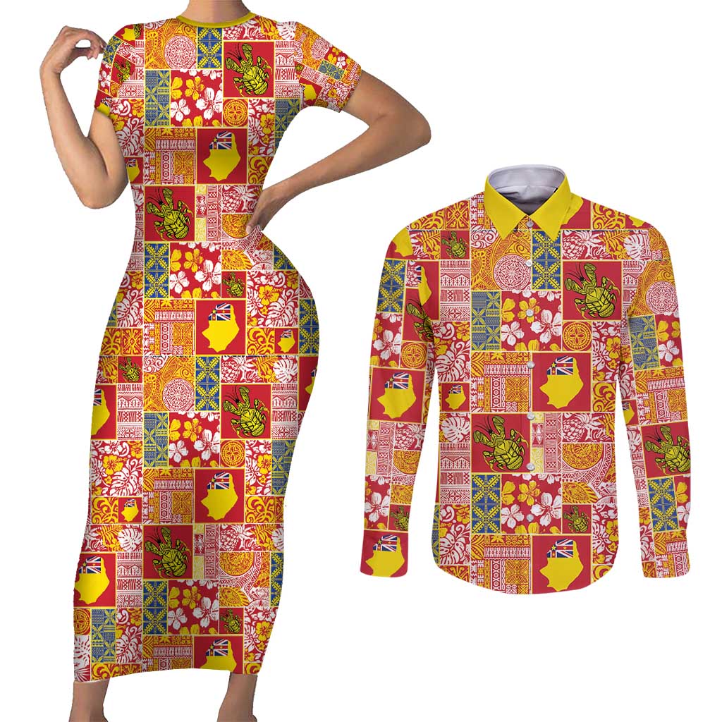 Niue Monuina e Kilisimasi Couples Matching Short Sleeve Bodycon Dress and Long Sleeve Button Shirt Pacific Patchwork Xmas Vibes - Polynesian Pride