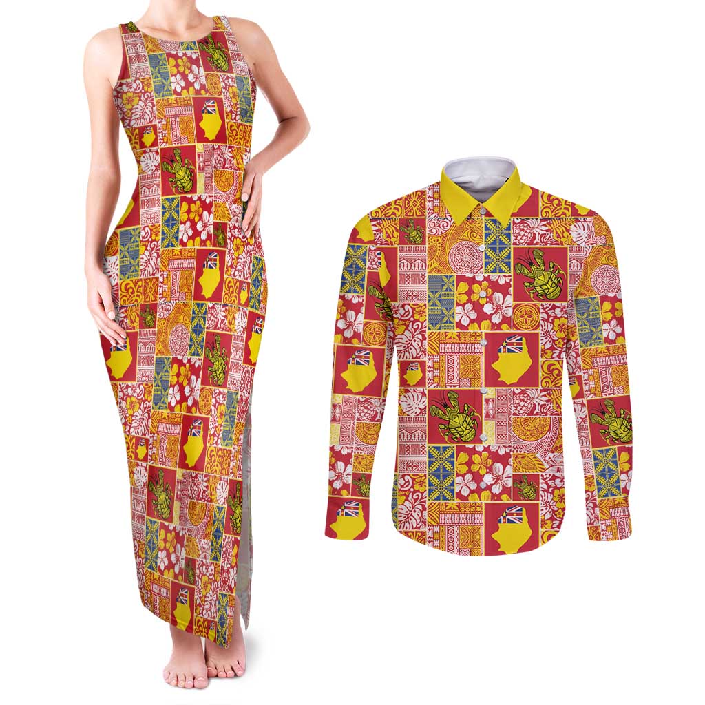 Niue Monuina e Kilisimasi Couples Matching Tank Maxi Dress and Long Sleeve Button Shirt Pacific Patchwork Xmas Vibes - Polynesian Pride