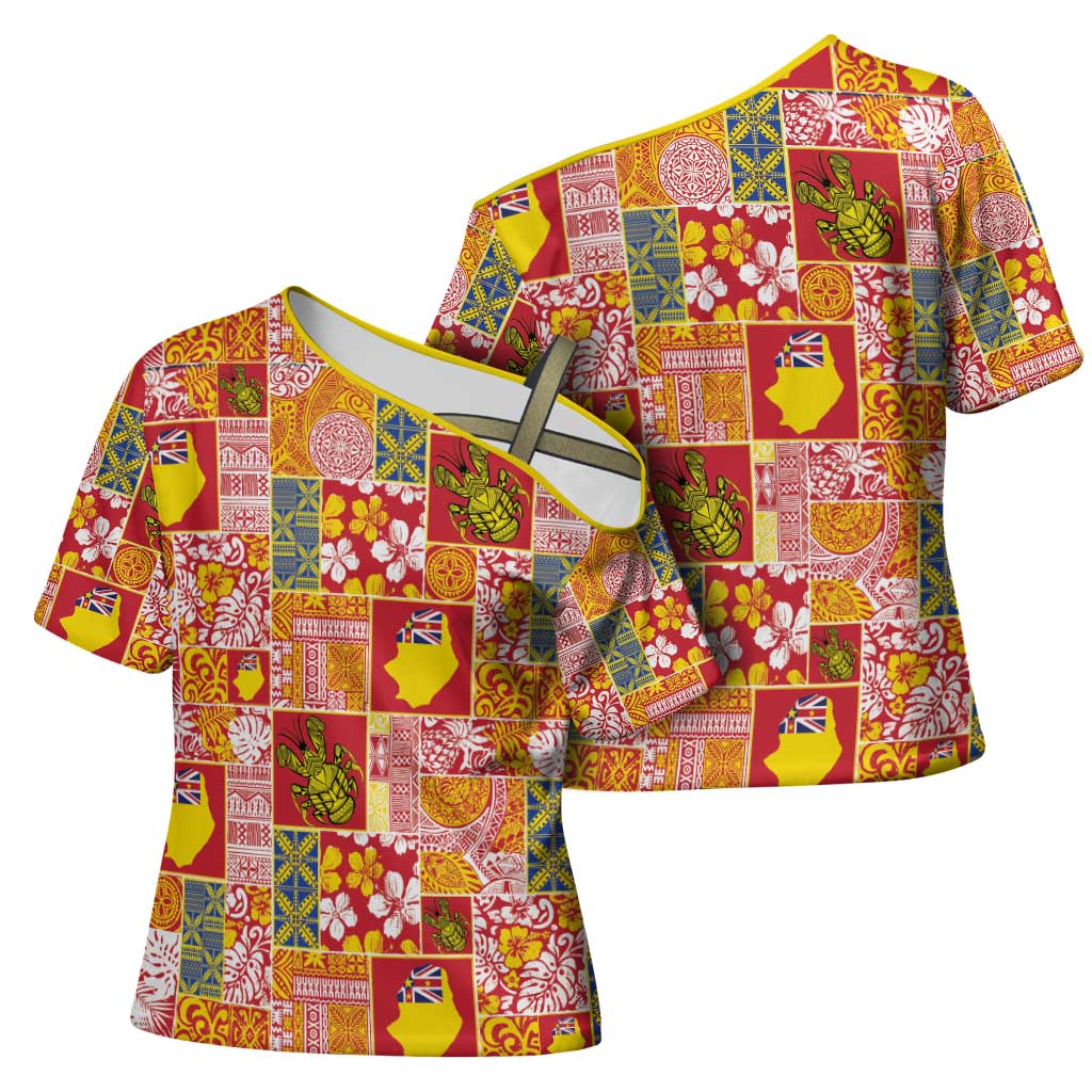 Niue Monuina e Kilisimasi Cross Shoulder Shirt Pacific Patchwork Xmas Vibes - Polynesian Pride