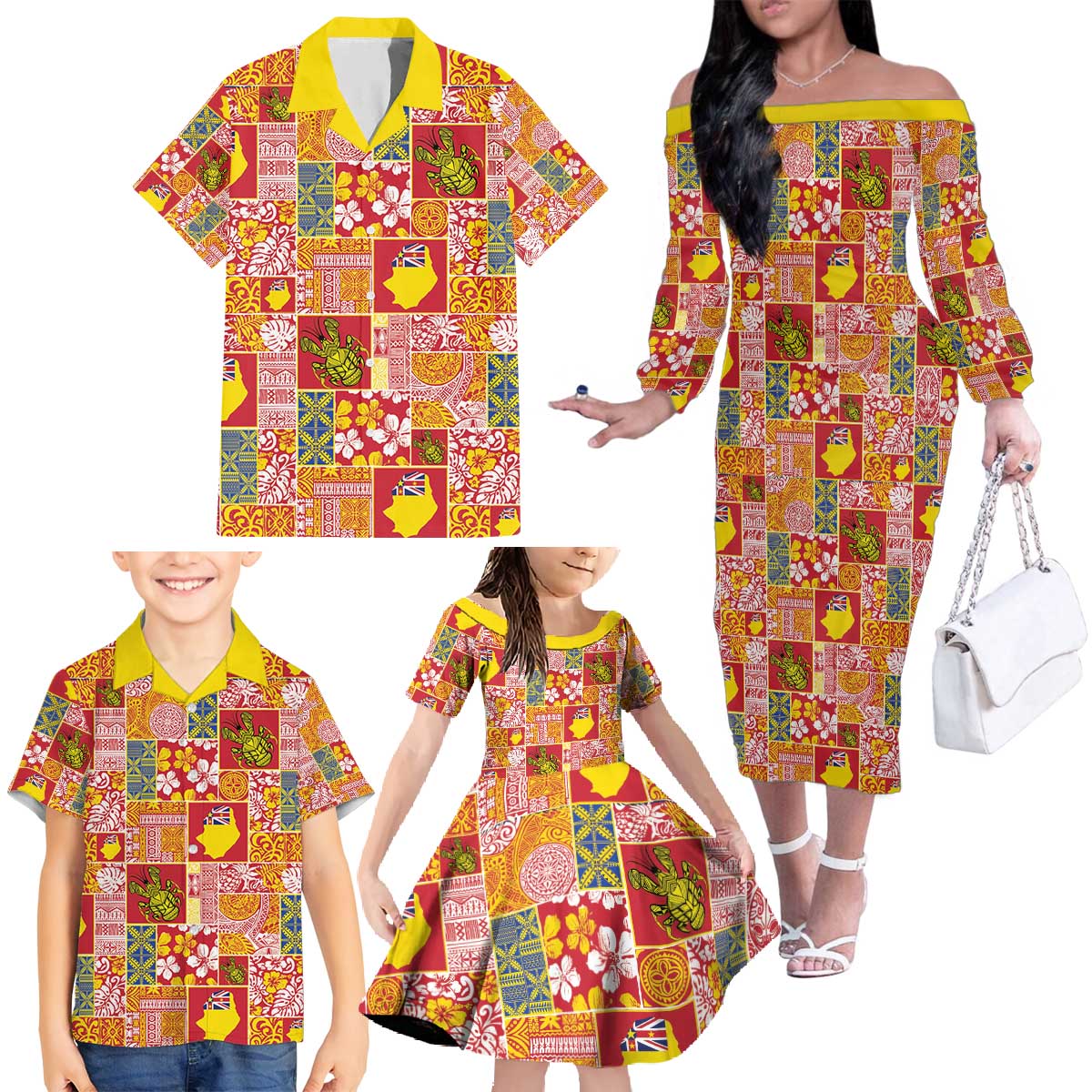 Niue Monuina e Kilisimasi Family Matching Off The Shoulder Long Sleeve Dress and Hawaiian Shirt Pacific Patchwork Xmas Vibes - Polynesian Pride