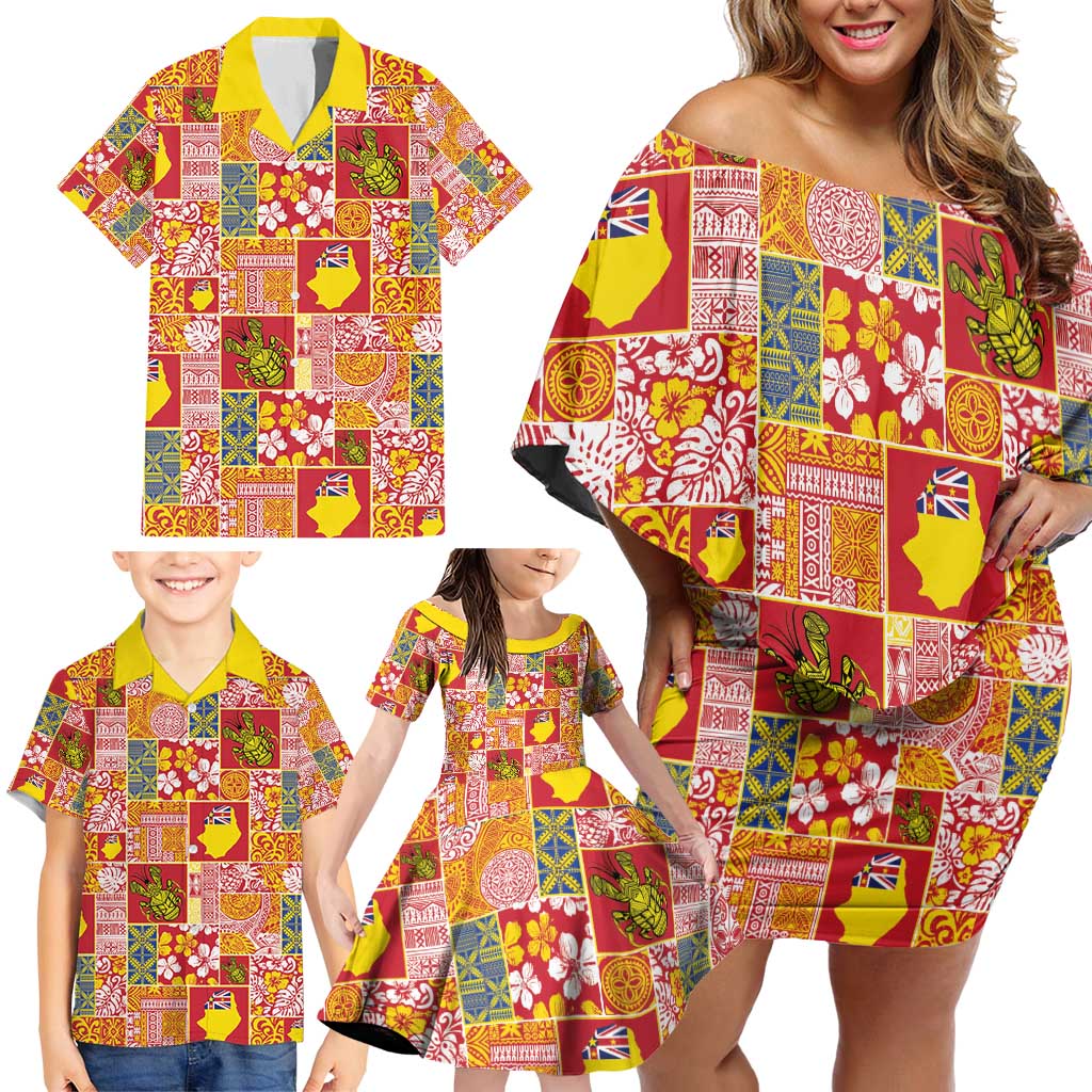 Niue Monuina e Kilisimasi Family Matching Off Shoulder Short Dress and Hawaiian Shirt Pacific Patchwork Xmas Vibes - Polynesian Pride
