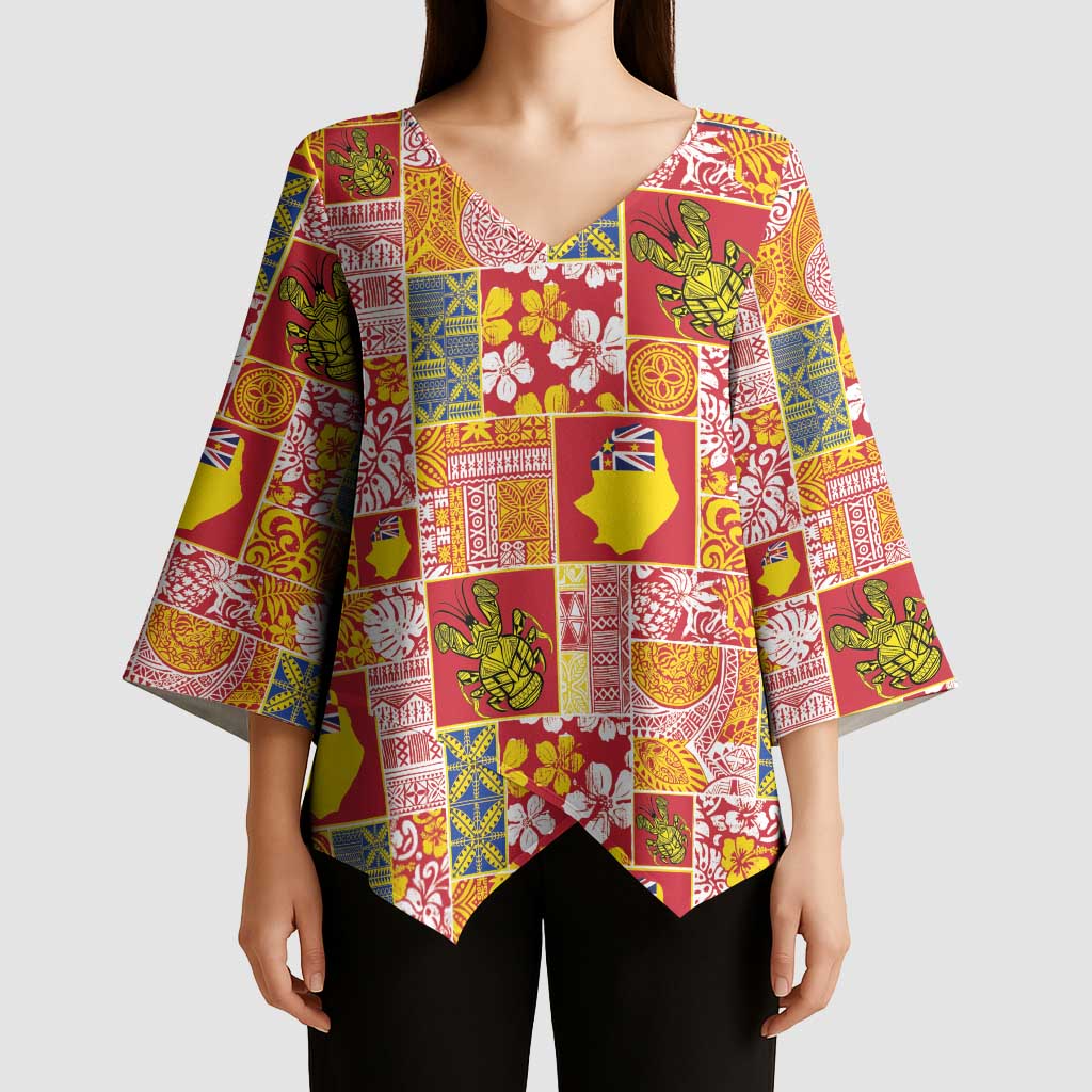 Niue Monuina e Kilisimasi Kimono Sleeve Blouse Pacific Patchwork Xmas Vibes - Polynesian Pride