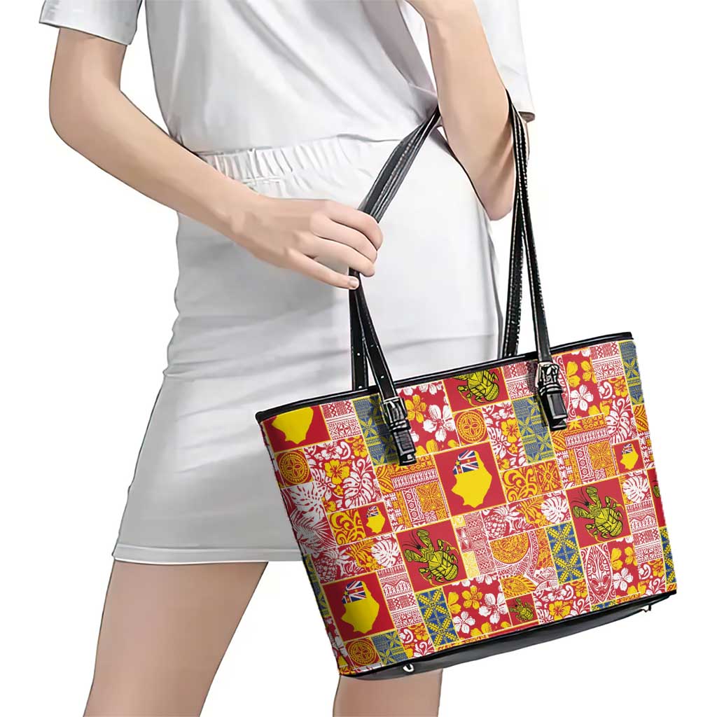 Niue Monuina e Kilisimasi Leather Tote Bag Pacific Patchwork Xmas Vibes - Polynesian Pride