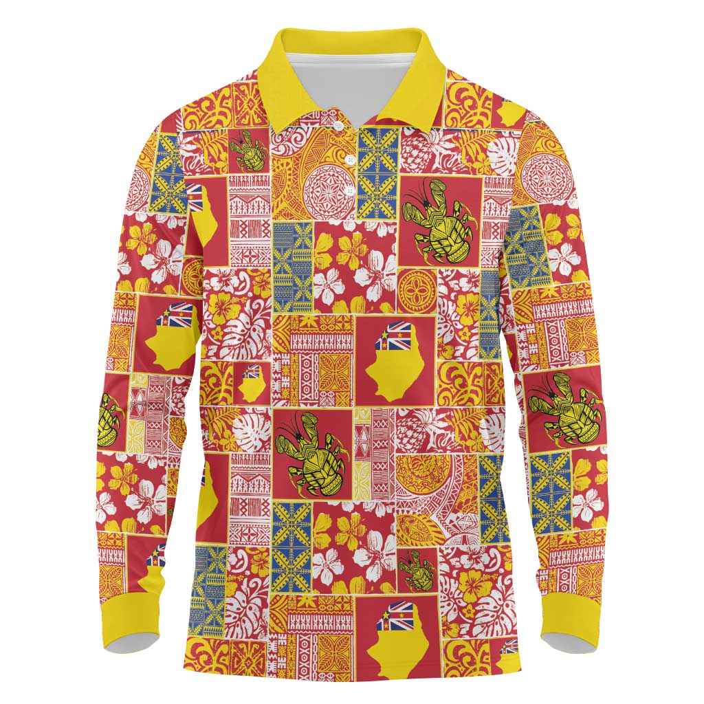 Niue Monuina e Kilisimasi Long Sleeve Polo Shirt Pacific Patchwork Xmas Vibes - Polynesian Pride