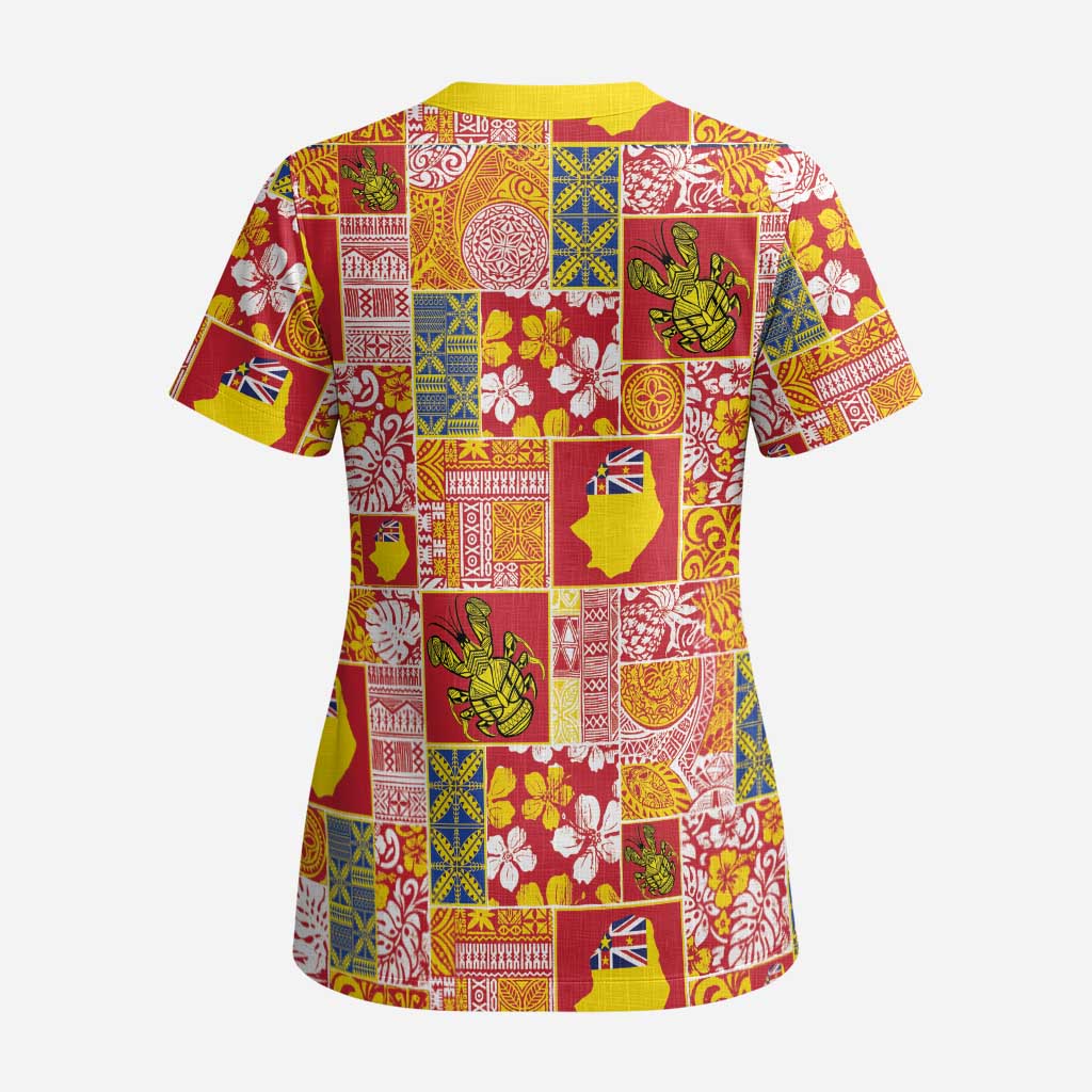 Niue Monuina e Kilisimasi Scrub Top Pacific Patchwork Xmas Vibes - Polynesian Pride