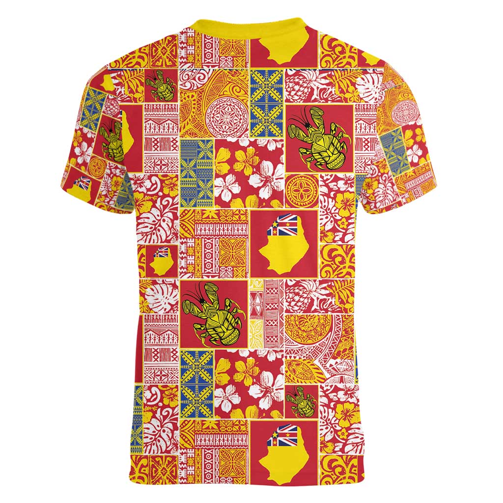 Niue Monuina e Kilisimasi Women V-Neck T-Shirt Pacific Patchwork Xmas Vibes - Polynesian Pride