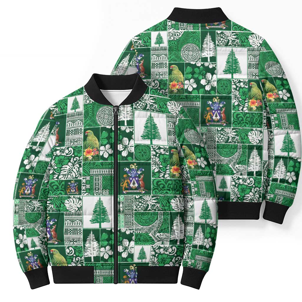 Norfolk Island Meri Krismas Bomber Puffer Jacket Pacific Patchwork Xmas Vibes - Polynesian Pride