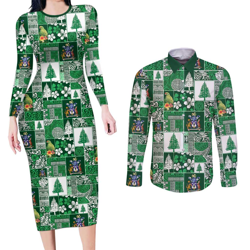 Norfolk Island Meri Krismas Couples Matching Long Sleeve Bodycon Dress and Long Sleeve Button Shirt Pacific Patchwork Xmas Vibes - Polynesian Pride